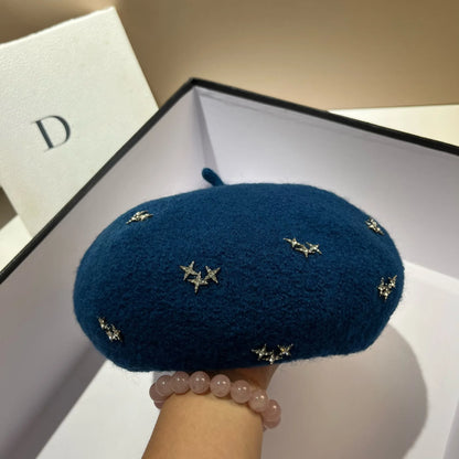 Luxury Rhinestone Stars Women's Wool Beret Winter Warm Beanie Hat