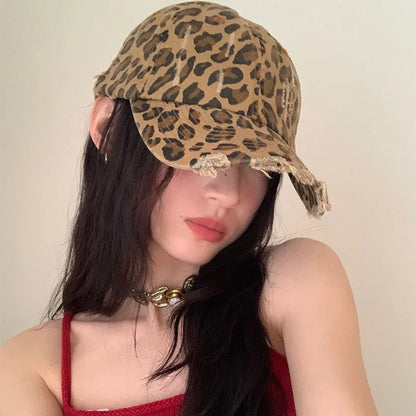 Women Leopard Baseball Cap Vintage Hip Hop Holes Snapback Duckbill Hats