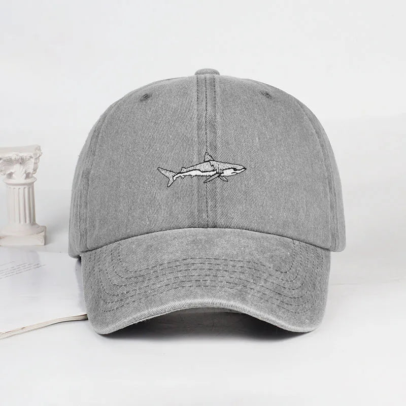 MLFO Shark Embroidered Pre Washed Baseball Cap Summer Wide Brim Cap Spring Casual Cap Outdoor Sun Hat