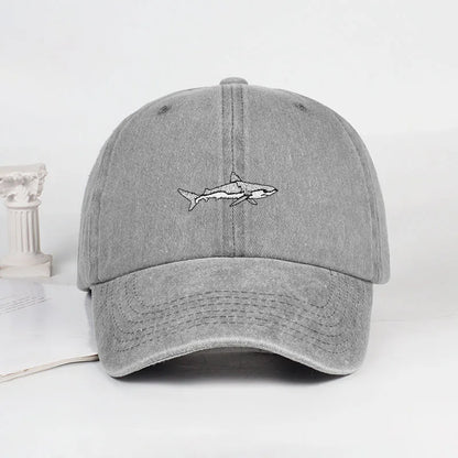 MLFO Shark Embroidered Pre Washed Baseball Cap Summer Wide Brim Cap Spring Casual Cap Outdoor Sun Hat