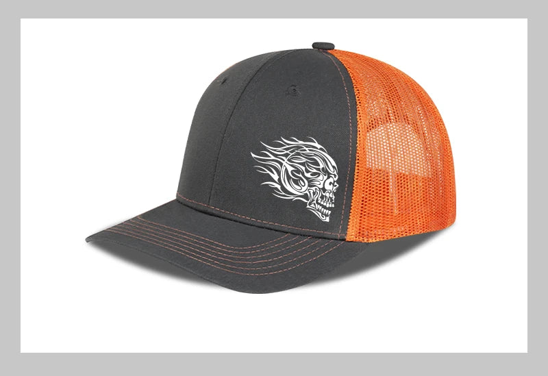 Flame Skull Print Trucker Cap Breathable Mesh Adjustable Cool & Bold Rocker Style Fashion Unisex Outdoor