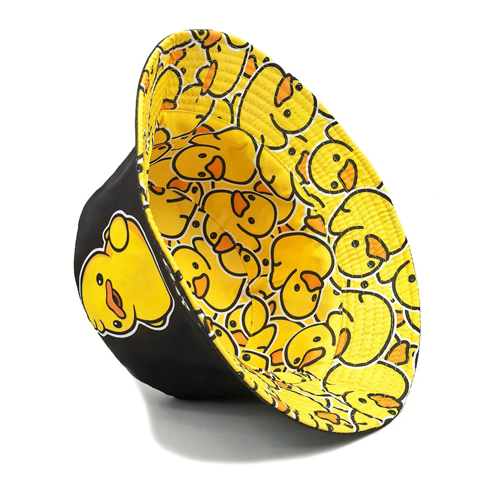 Double-sided Yellow Duck Print Pattern Panama Summer Sunscreen Fisherman Cap Women Man Bucket Hat