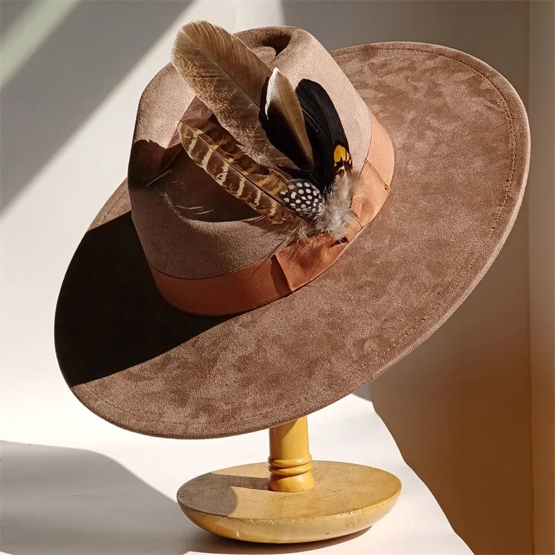 Yellow Bow Feather Suede Top Hat Wide Brim Fedora Hat