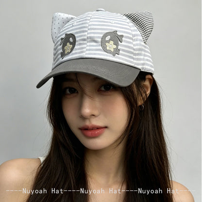 Korean Style Women Cartoon Cat Bear Ears Baseball Cap Plaid Sunshade Wing Versatile Penguin Peaked Cap