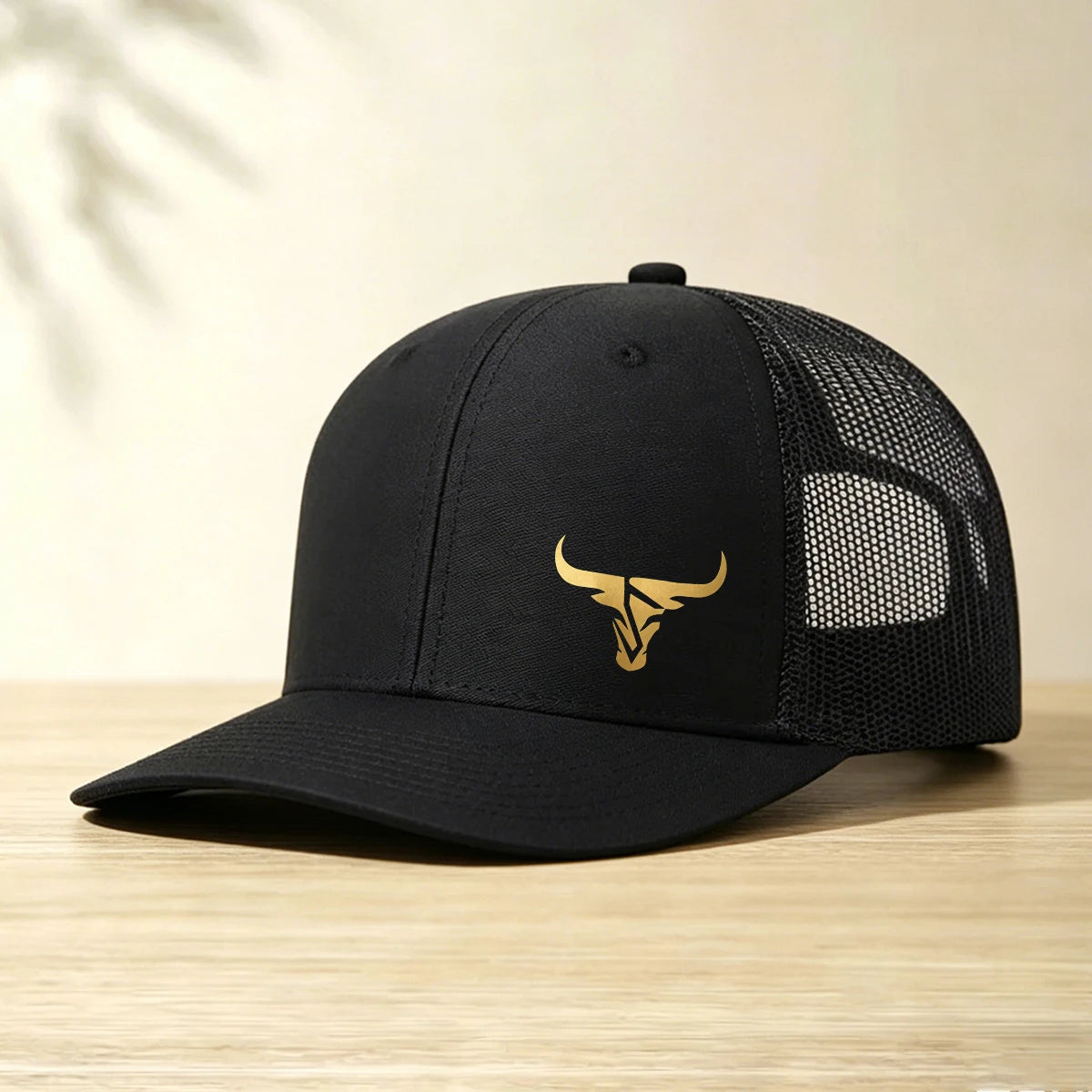 1 Gold Ox Head Print Truck Cap Breathable Mesh Back Baseball Cap Outdoor Snap Caps