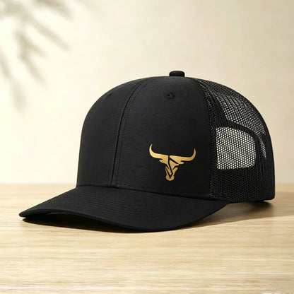 1 Gold Ox Head Print Truck Cap Breathable Mesh Back Baseball Cap Outdoor Snap Caps