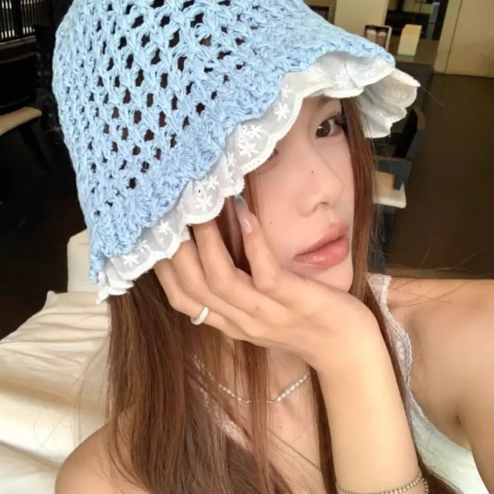 Fashion Lace Fisherman Hat Wide Brim Breathable Woven Hat