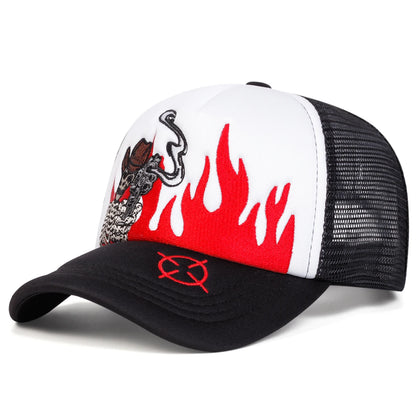Unisex Skull Flame Embroidery Baseball Net Caps Spring and Summer