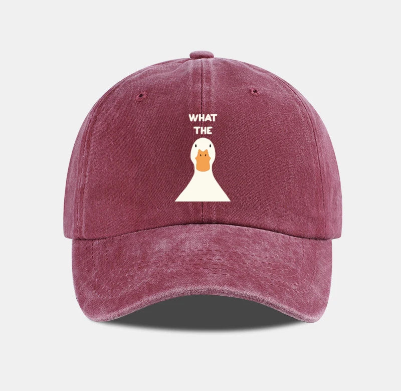 Washed Baseball Cap With What The Duck Print  Adjustable Curved Brim Dad Hat For Casual Streetwear & Daily