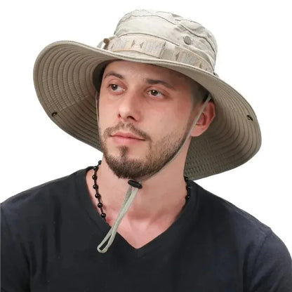 Summer Men's Wide Brim Bucket Hat UV Protection Panama Style Mesh Fisherman Beach Sun Hat