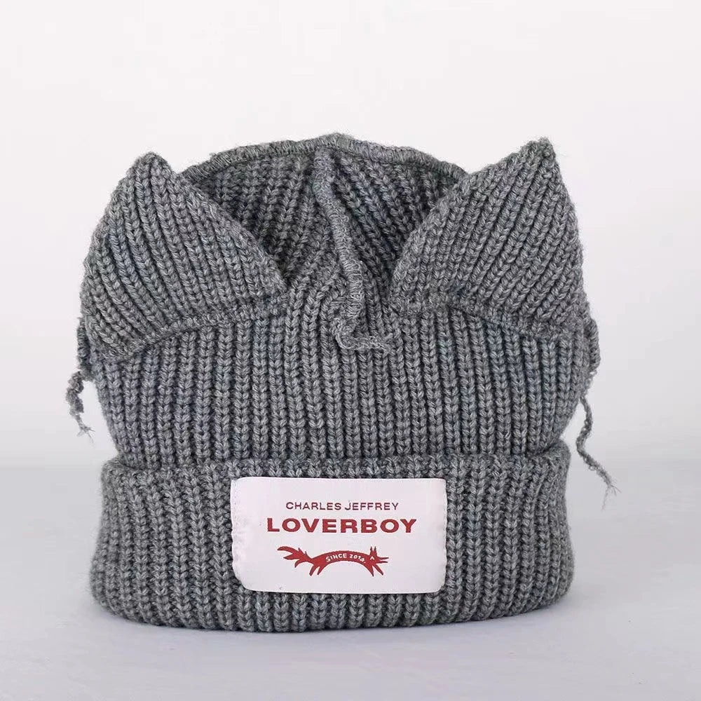 Lover Boy Cat Ear Knit Hat Solid Warm Pig Ear Woolen Hat