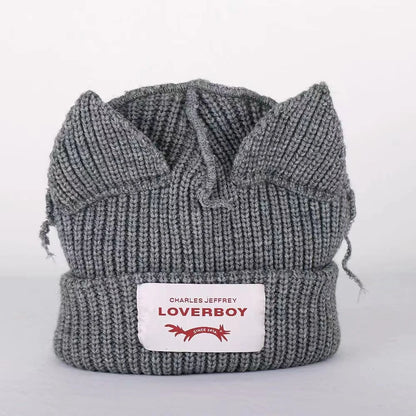 Lover Boy Cat Ear Knit Hat Solid Warm Pig Ear Woolen Hat