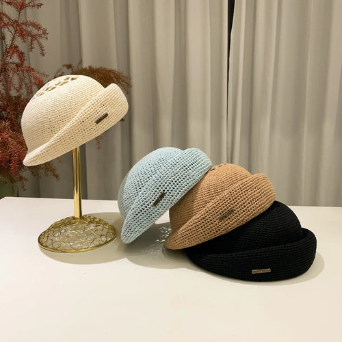 Breathable Hollow Out Rolled Brim Painter Hat, Stylish Solid Color Fashion Cap