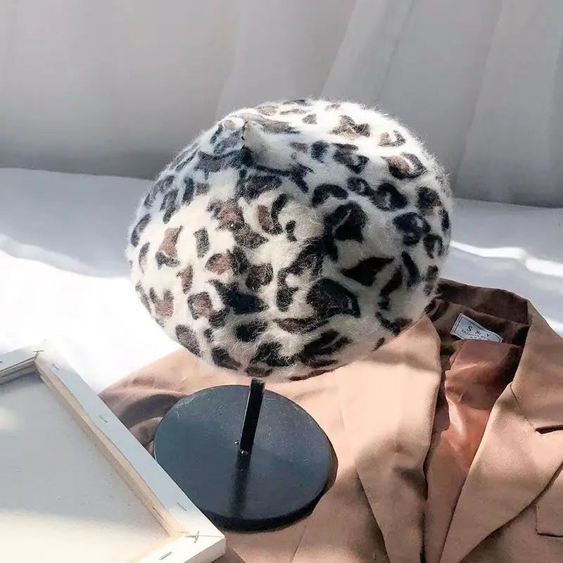Beret Women Rabbit Fur Spotted Leopard Beret Sherlock Hat