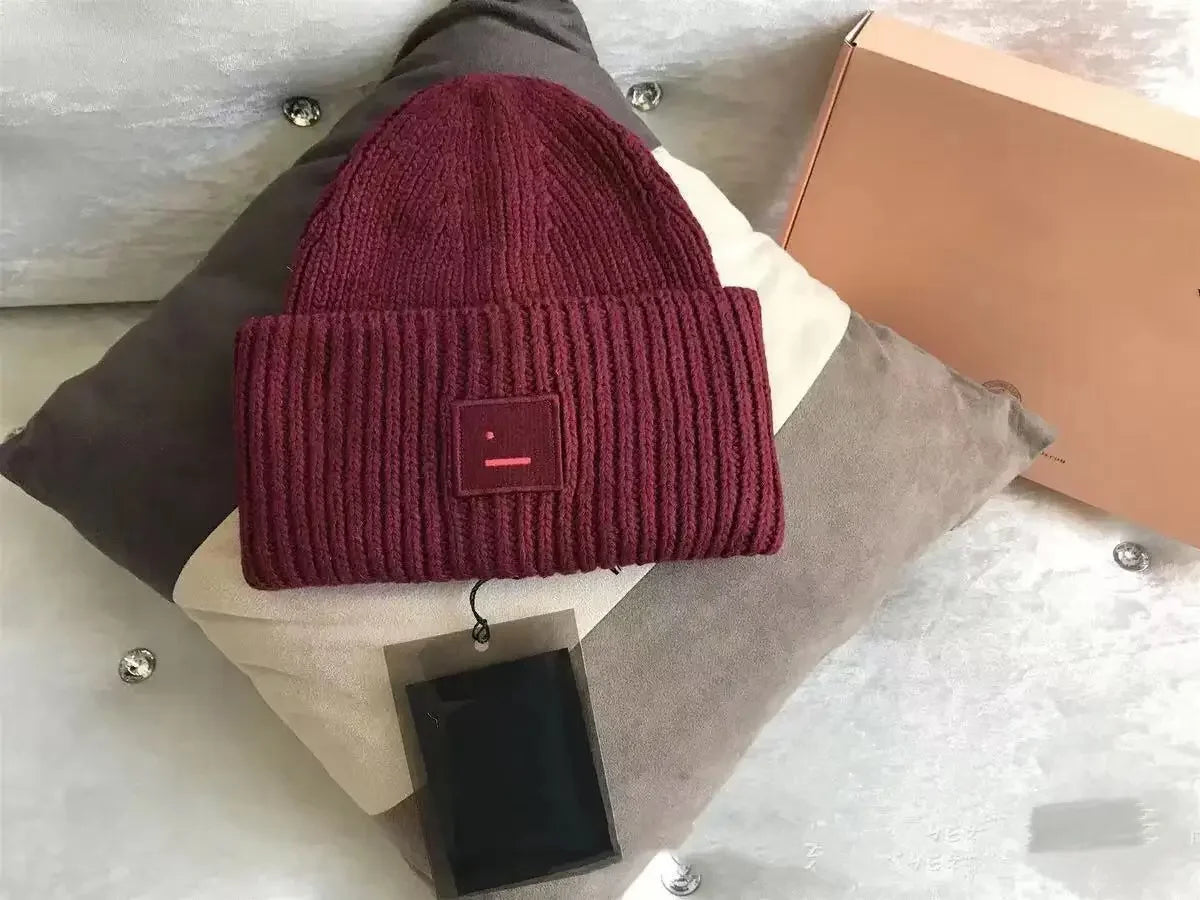 Warm And Cozy Knitted Beanie With Square Labels - Scandinavian Style Wool