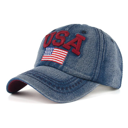 USA Flag Embroidery Caps For Men Women Retro Denim Baseball Cap