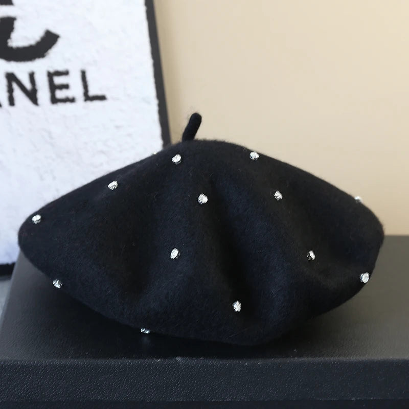 Luxury Rhinestone Wool Thick Berets For Women Autumn Winter Ladies Bling Beret