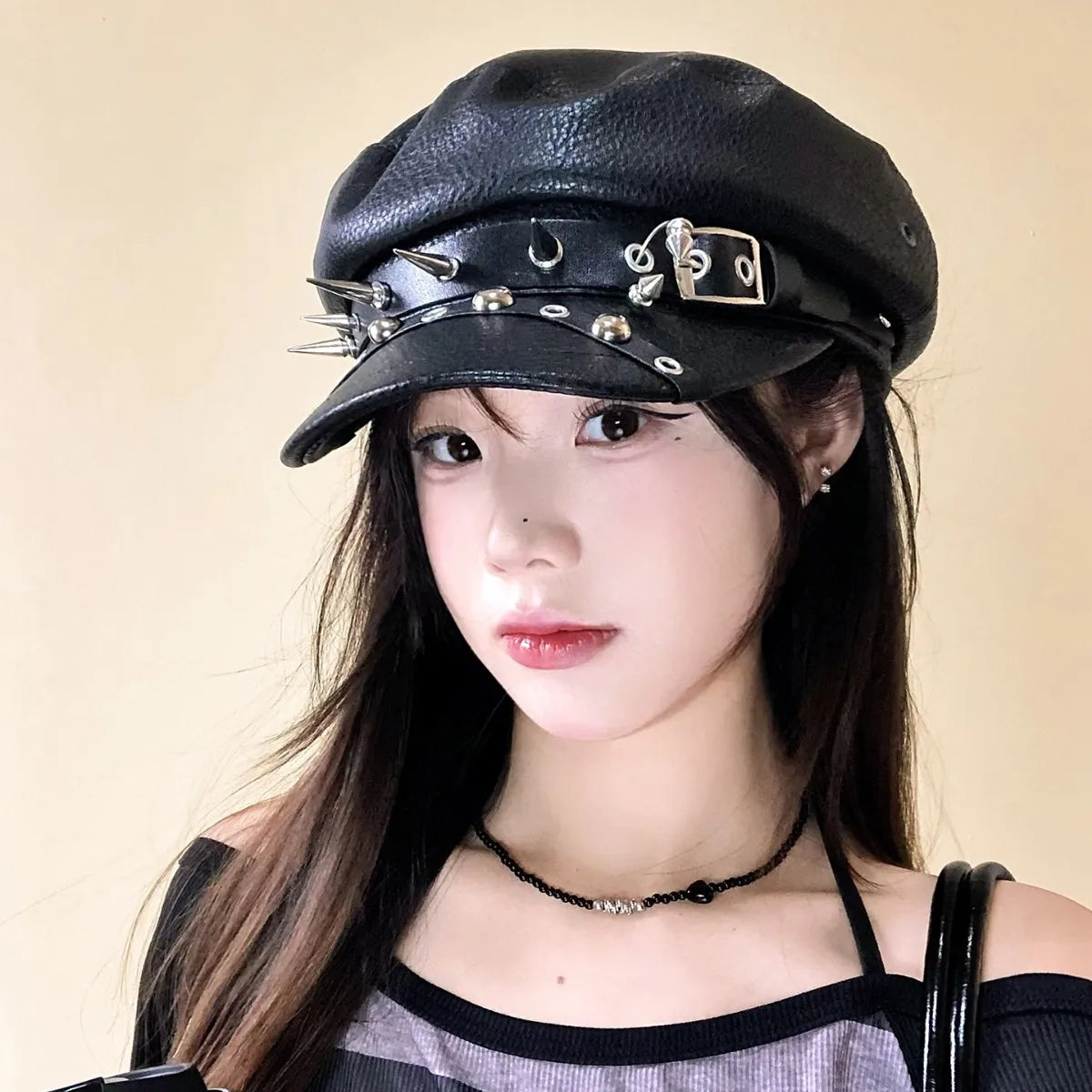 Gothic Punk Faux Leather Military Cap Spiked Studded Cadet Hat