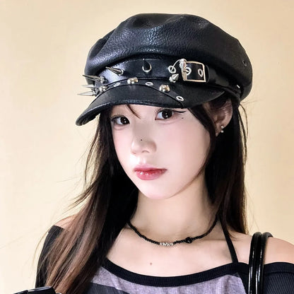 Gothic Punk Faux Leather Military Cap Spiked Studded Cadet Hat