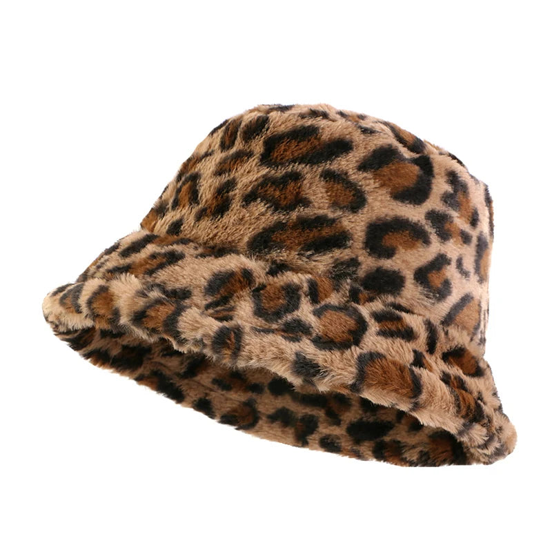 Autumn Winter Leopard Print Bucket Hat Thick Soft Warm Plush Fisherman Hat