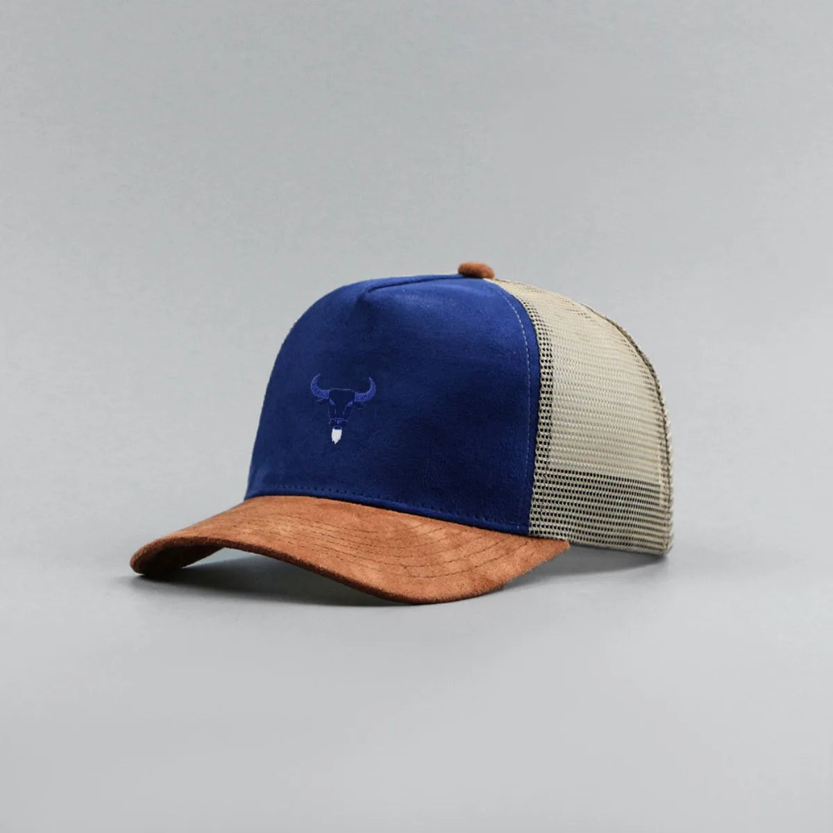 Blue Bull Head Print Unisex Mesh Suede Trucker Hat Spring Summer