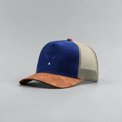 Blue Bull Head Print Unisex Mesh Suede Trucker Hat Spring Summer