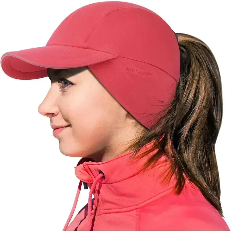Women's Winter Reflective Fleece Ponytail Hat with Drop Down Ear Warmer Hat Baseball Cap