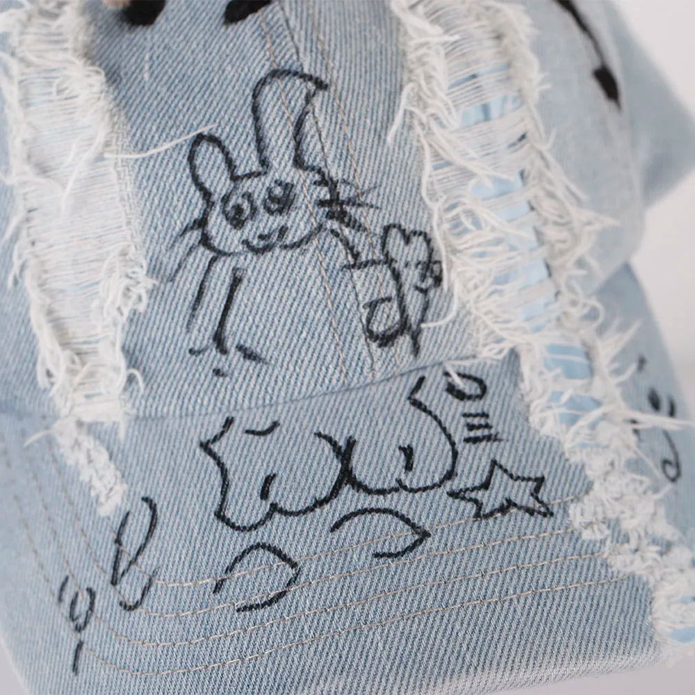 New MinJi Haerin Omg Stage Long Rabbit Ear Hat Y2k Style Denim Blue Baseball Cap