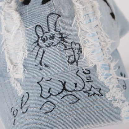New MinJi Haerin Omg Stage Long Rabbit Ear Hat Y2k Style Denim Blue Baseball Cap