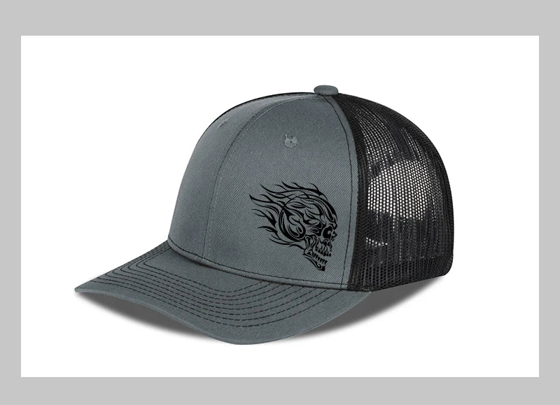 Flame Skull Print Trucker Cap Breathable Mesh Adjustable Cool & Bold Rocker Style Fashion Unisex Outdoor