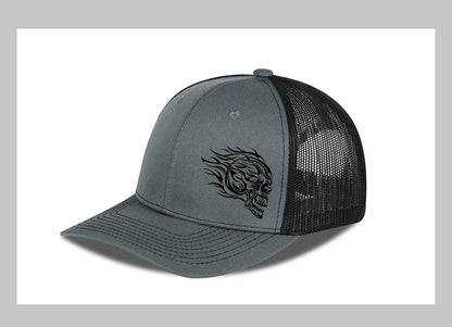 Flame Skull Print Trucker Cap Breathable Mesh Adjustable Cool & Bold Rocker Style Fashion Unisex Outdoor