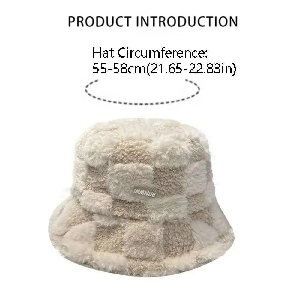 Plaid Checkered Women Bucket Hat Faux Fur Adjustable Checkered Basin Hat
