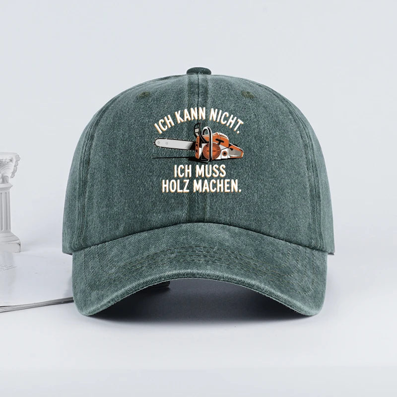 Vintage German Chainsaw Quote Print Washed Baseball Cap