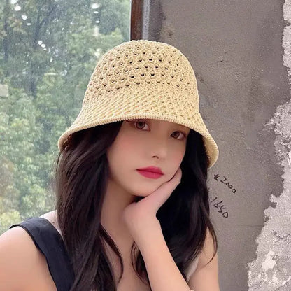 Straw Dome Weave Bucket Hat Hollow Out Breathable Sun Hats