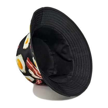 Cartoon Pattern Bucket Hat Eggs Bacon Printing Fisherman Hats Foods Double Sides