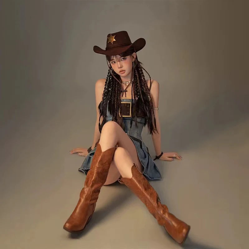New Western Cowboy Hat With Star Three Ropes Coffee Color Flat Top