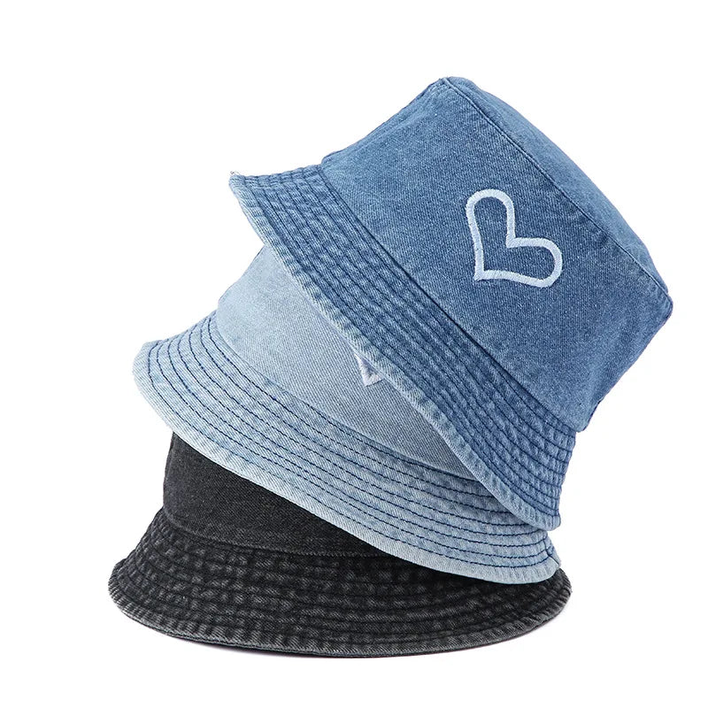 Spring Summer Strawberry Embroidery Denim  Bucket Hat