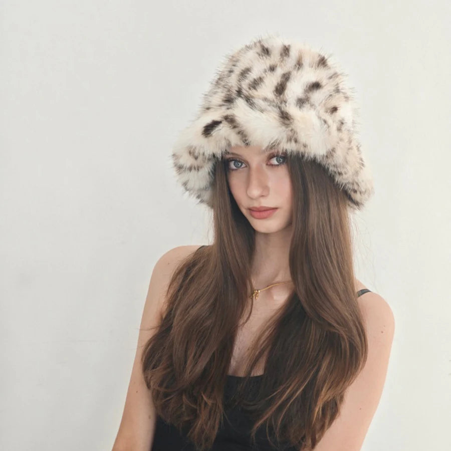 Women's Faux Fur Bucket Hat Leopard Print Soft Warm For Autumn Winter