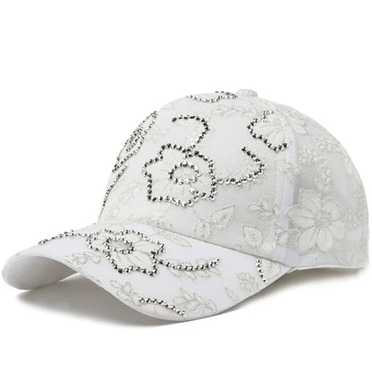 Women Baseball Cap Flower Print Rhinestone Lace