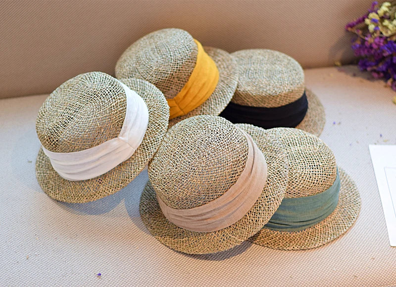 French British Retro Seaweed Woven Hollow Straw Top Hat
