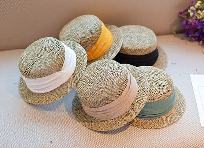 French British Retro Seaweed Woven Hollow Straw Top Hat