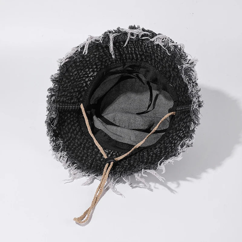 Retro Denim Bucket Hat Women Frayed Raw Hem Sun Caps