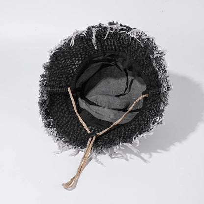 Retro Denim Bucket Hat Women Frayed Raw Hem Sun Caps