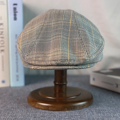Gray Plaid Newsboy Hat Linen Cotton Women Men Ivy Cap