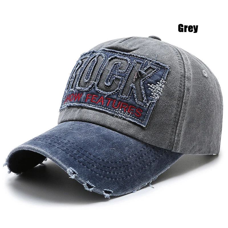 Rock Letters Embroidered Patch Ripped Brushed Washed Distressed Design Style Baseball Cap
