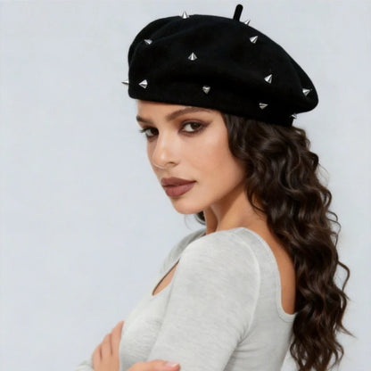 Punk Style Round Hollow Rivet Beret For Women