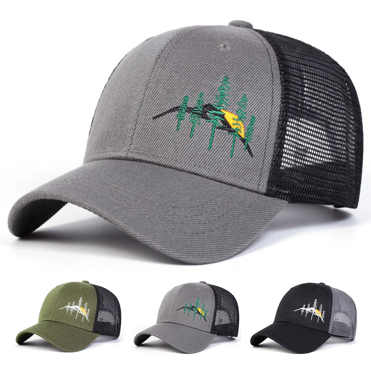 Unisex Mountain Tree Embroidery Baseball Net Caps Spring and Summer