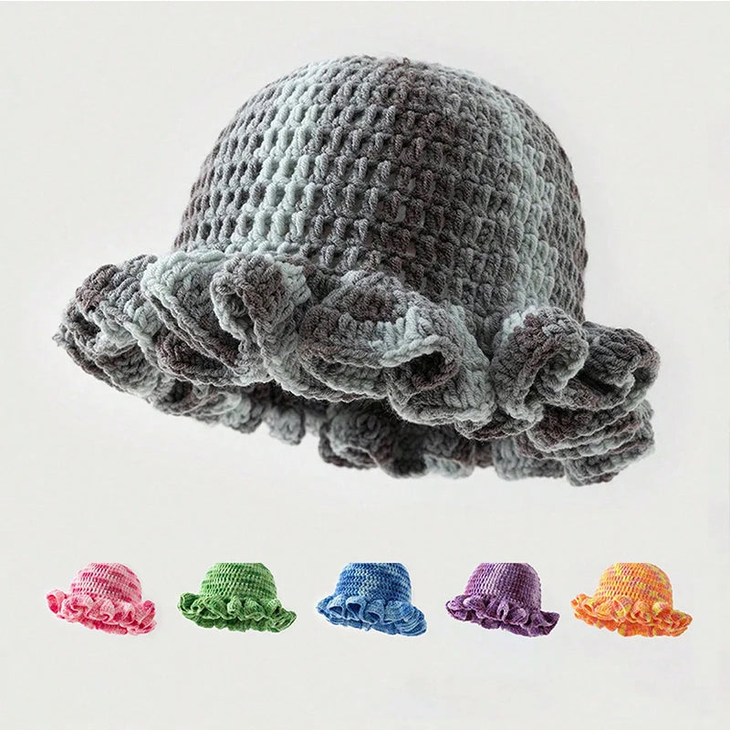 New Colorful Crochet Ruffle Brim Knit Bucket Hats