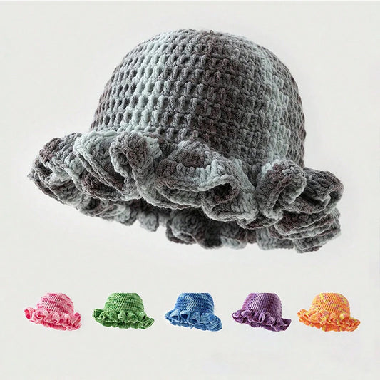 New Colorful Crochet Ruffle Brim Knit Bucket Hats