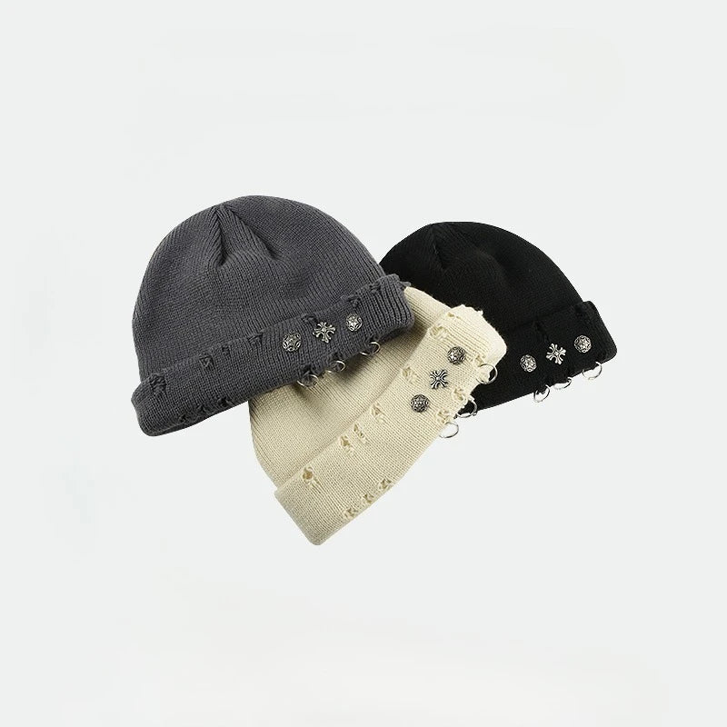 Street Hip-Hop Retro Cross Ring Perforated Woolen Hat For Women